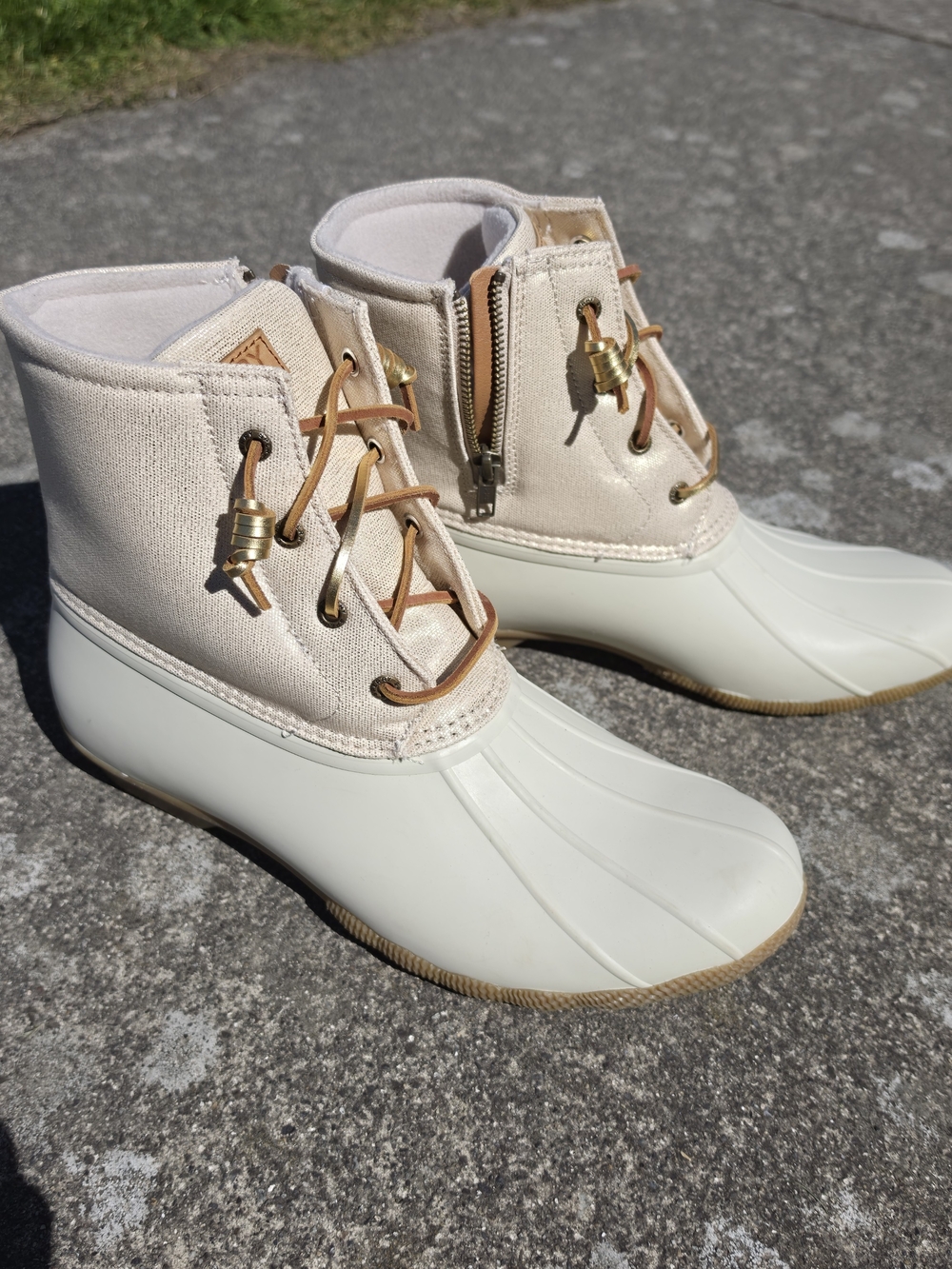 Sperry Cream Canvas and Rubber Duck Boot Ankle Rain Boots